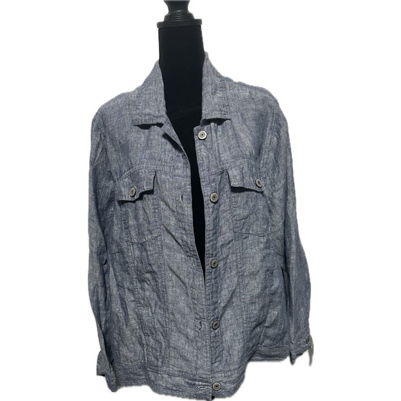Jones New York Plus Size 1X Blue Linen Jacket Long Sleeve Button-Down Womens - Picture 1 of 5